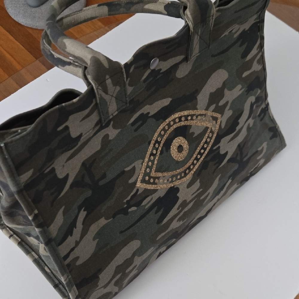 Quilted Koala Camouflage Tote Bag with Gold Eye Design